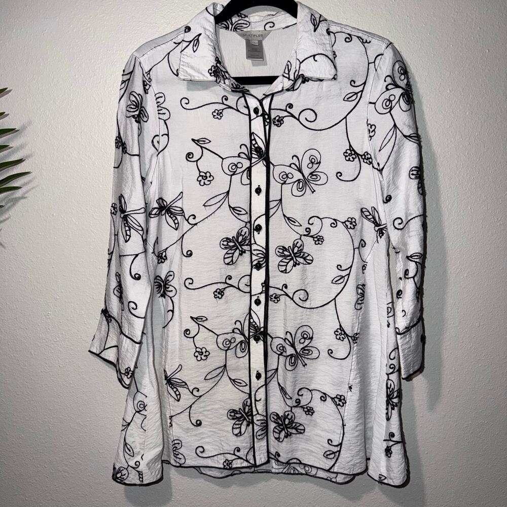 Multiples Butterfly Dragonfly Embroidered Button Up Shirt White Size S